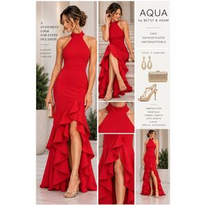 Betsy & Adam Red Ruffle Gown Size 4 Maxi Long Dress NWT Formal Scuba Stretch